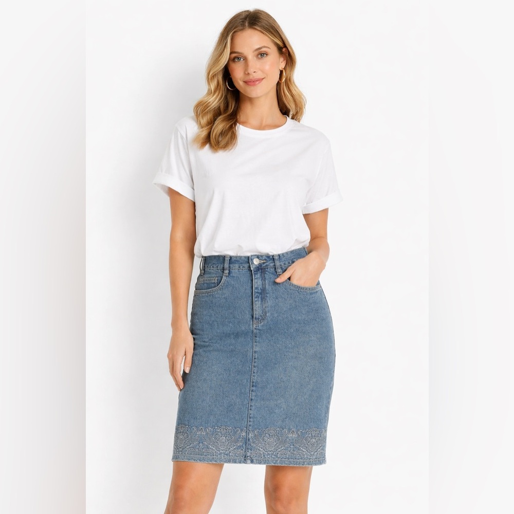 Esprit Vintage 1990's Denim Pencil Skirt with Intricate Embroidery